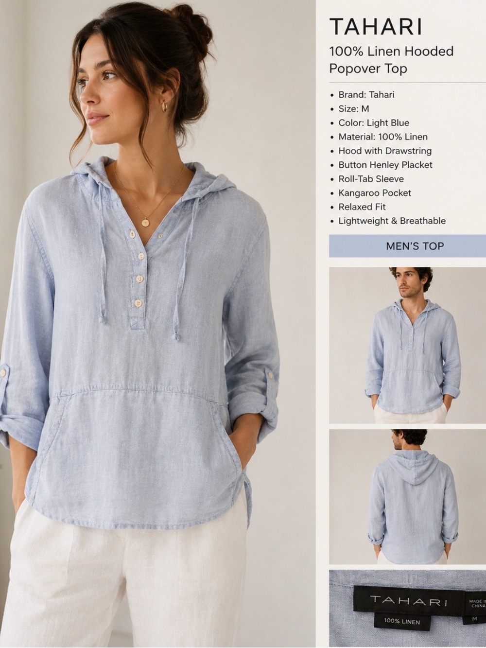 Tahari 100% Linen Hooded Popver Top Light Blue Women’s Small cottagecore/ beach - Picture 2 of 2